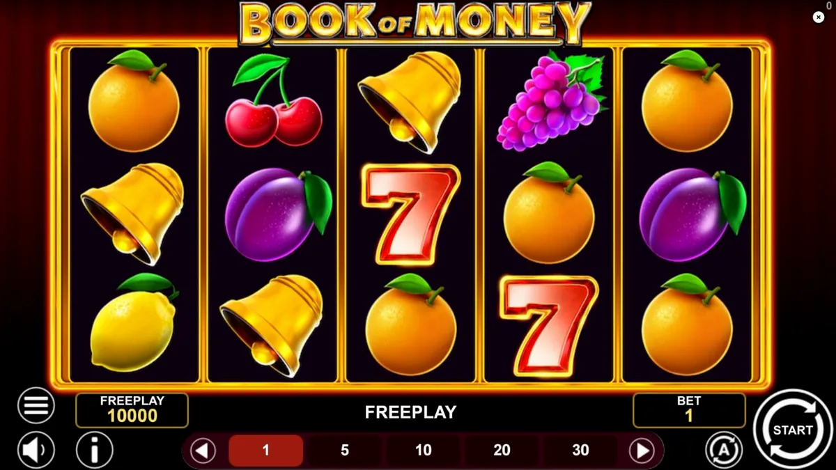 Tampilan layar permainan slot Book of Money dengan simbol buah dan buku