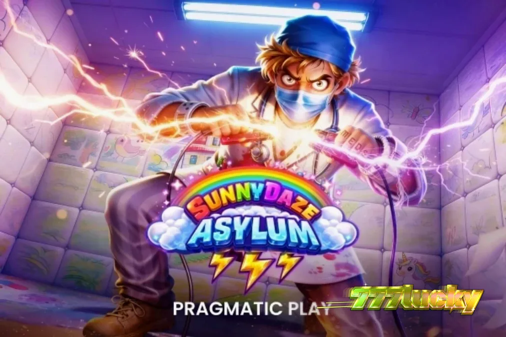 Tampilan visual neon dan simbol eksentrik dalam slot Sunnydaze Asylum